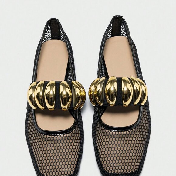 Black Elegant Women's Summer Hollow Breathable Fishnet Loafers - Picture 5 of 6